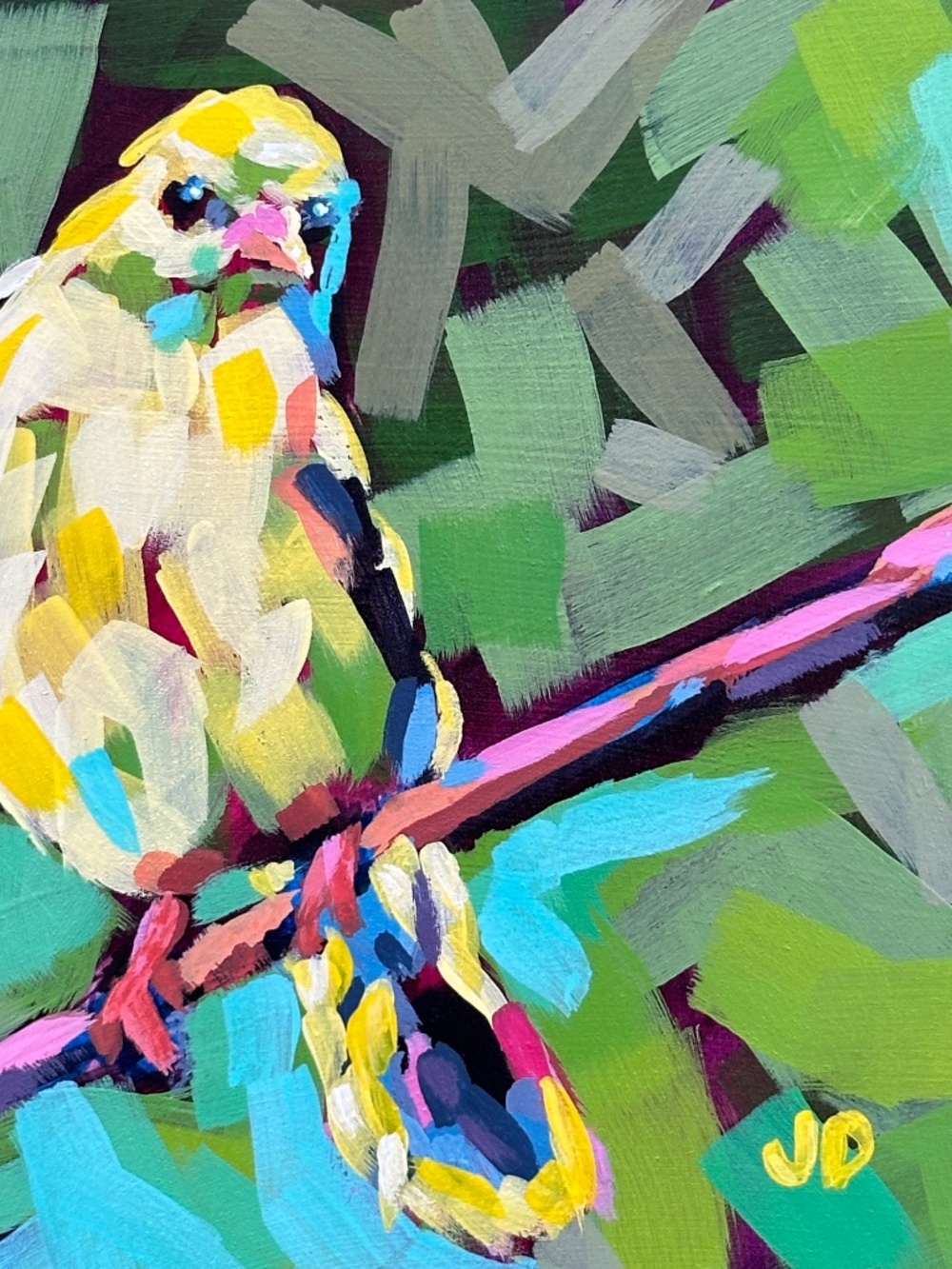 Bold Impressionist Yellow Bird Painting, 6x6 Hand-Painted Wood Panel Collectible
